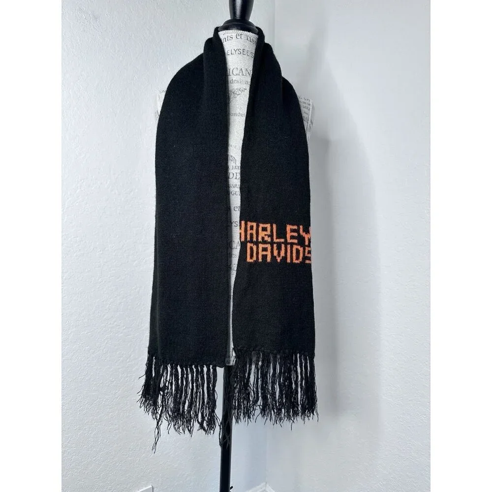 Vintage Harley-Davidson Wool Knit Scarf Fringed Biker Black 60x8 inches